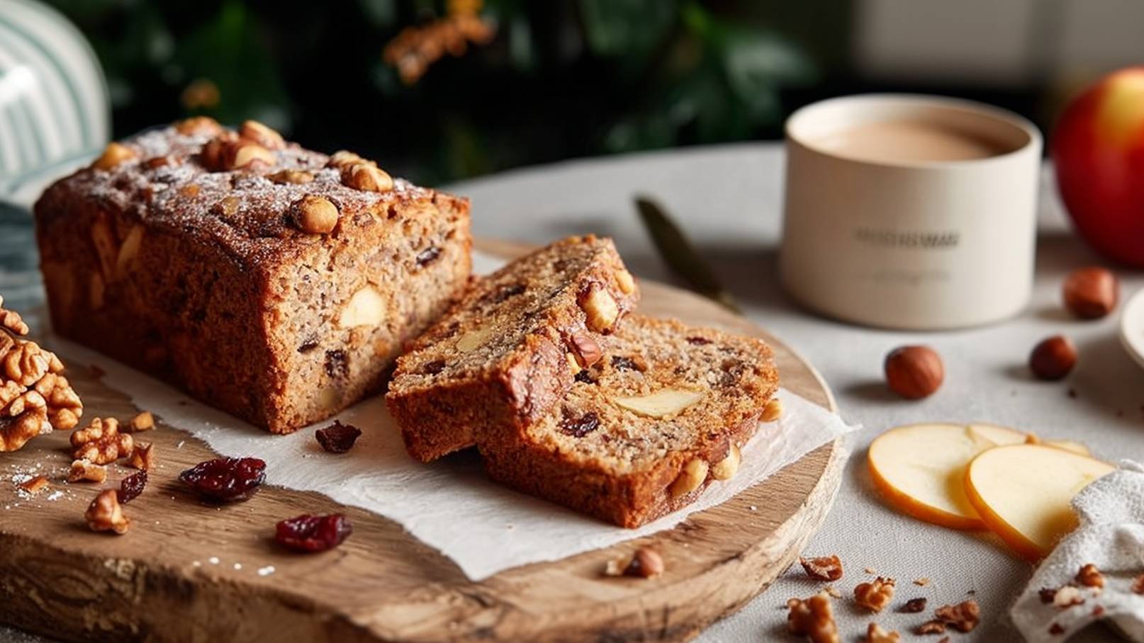 Ein frisch gebackener Nusskuchen liegt auf einem Holzbrett, teilweise angeschnitten. Der Kuchen ist mit Nüssen und Früchten gefüllt. Neben dem Kuchen befinden sich einige Haselnüsse, getrocknete Früchte und dünn geschnittene Apfelstücke. Im Hintergrund ist eine Tasse und ein Apfel sichtbar.