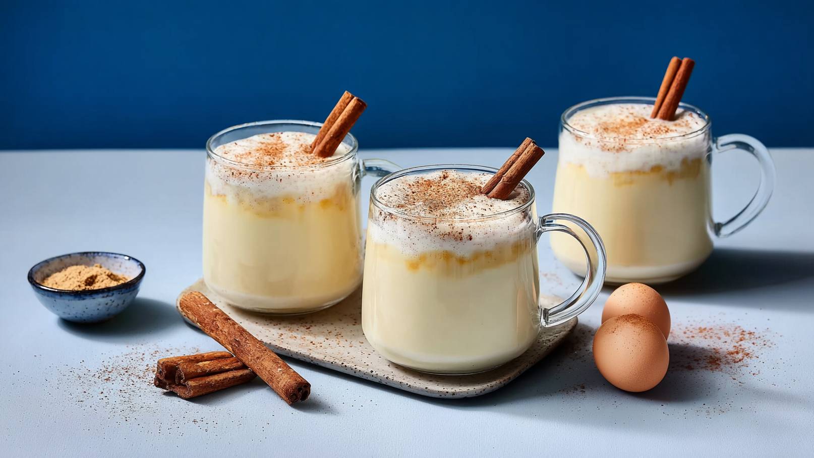 Drei Gläser mit einer schaumigen, cremigen Getränk, garniert mit Zimtstangen und einer Prise Zimt obendrauf. Daneben ein kleiner Teller mit gemahlenem Zimt und zwei Eier. Der Hintergrund ist blau, der Tisch ist hell.