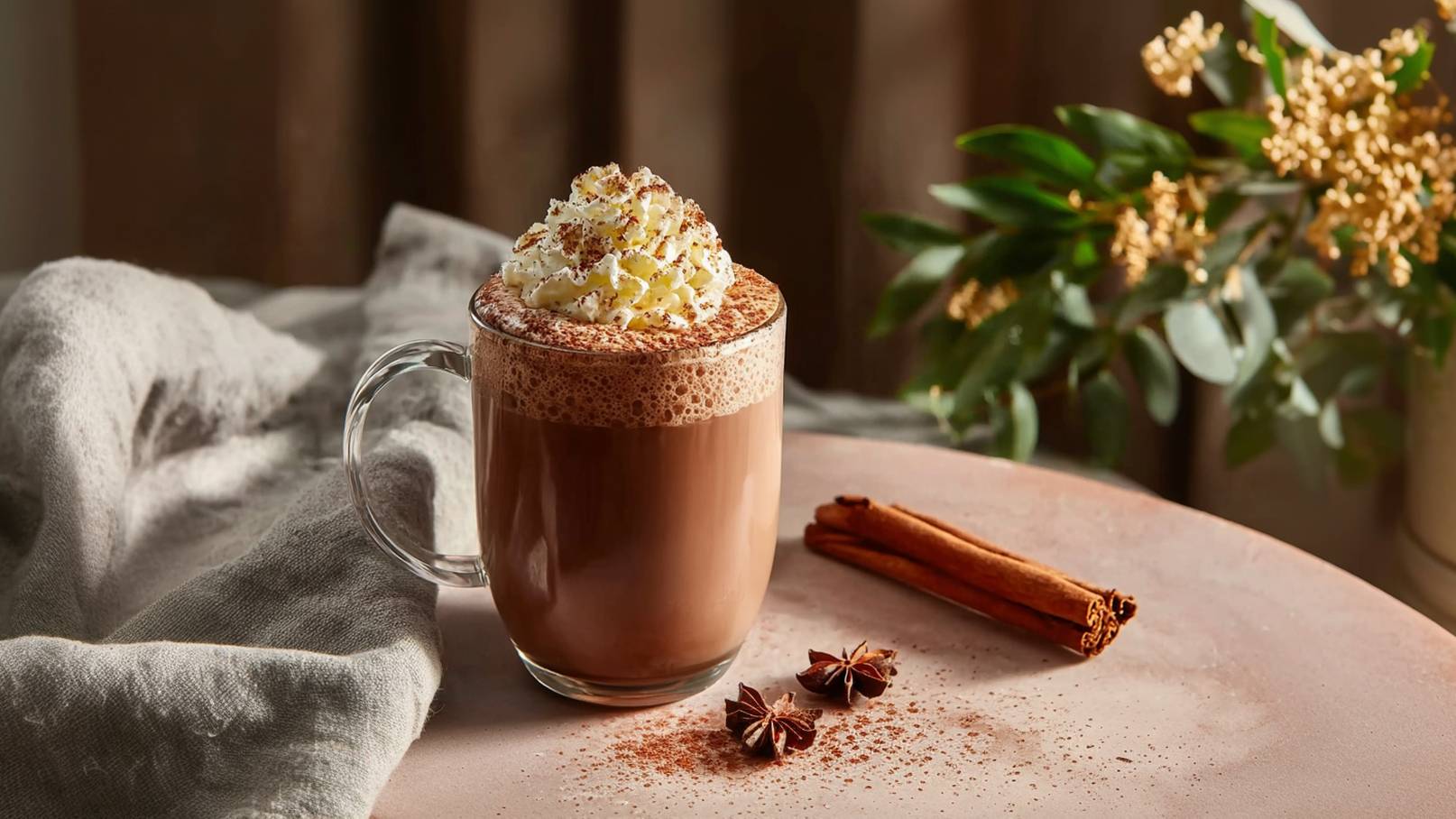 Eine Tasse heiße Schokolade mit Sahnehäubchen und einem Hauch Kakaopulver obenauf steht auf einem Tisch. Daneben liegen Zimtstangen und Sternanis. Der Hintergrund ist unscharf und vermittelt eine gemütliche Atmosphäre.