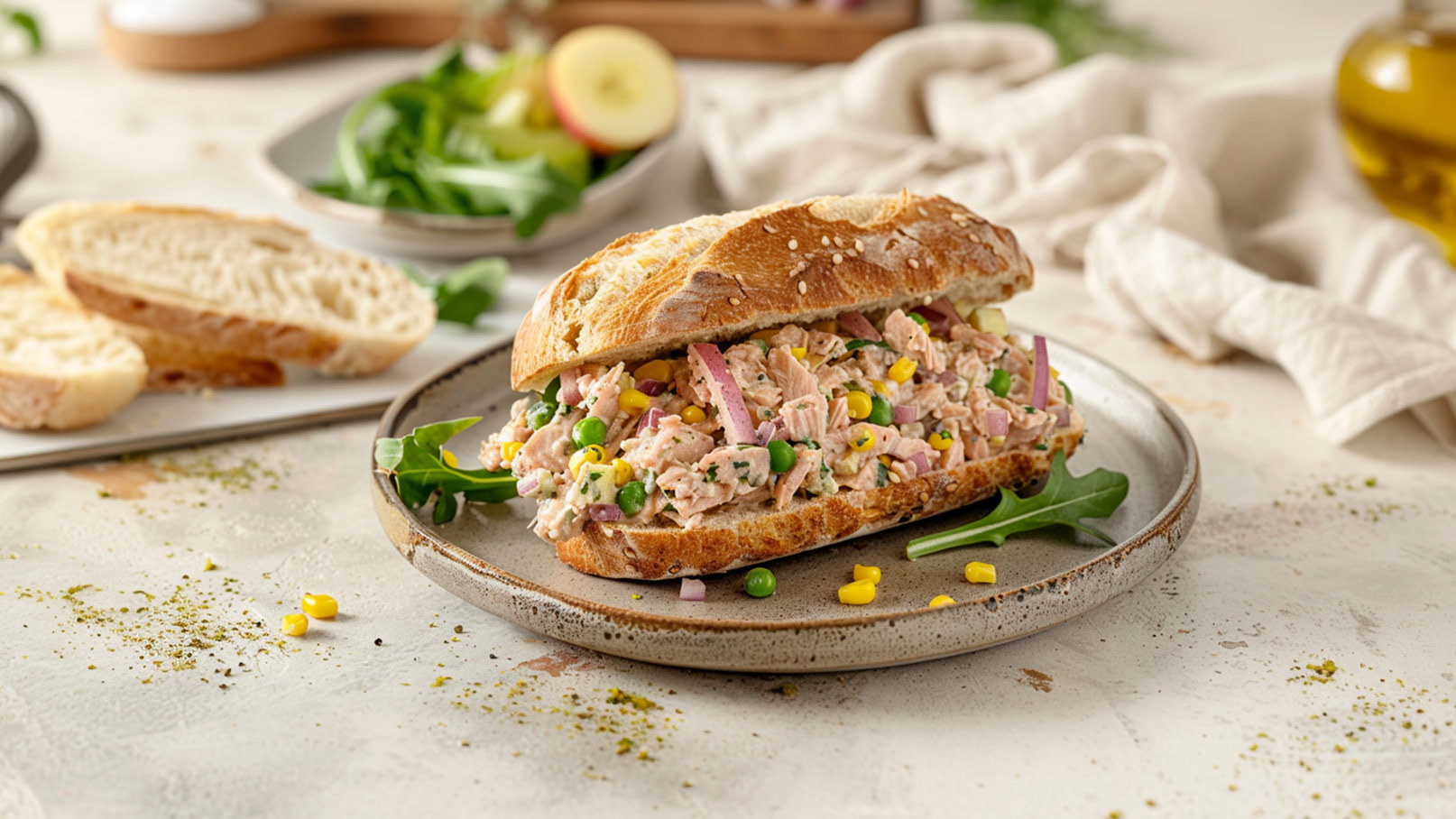 Ein halbes Brötchen mit einer Mischung aus Thunfisch, Maissplittern, Erbsen und roten Zwiebeln, garniert mit frischem Rucola. Im Hintergrund sind eine Schüssel mit Salat und Halbscheiben von Brot zu sehen.