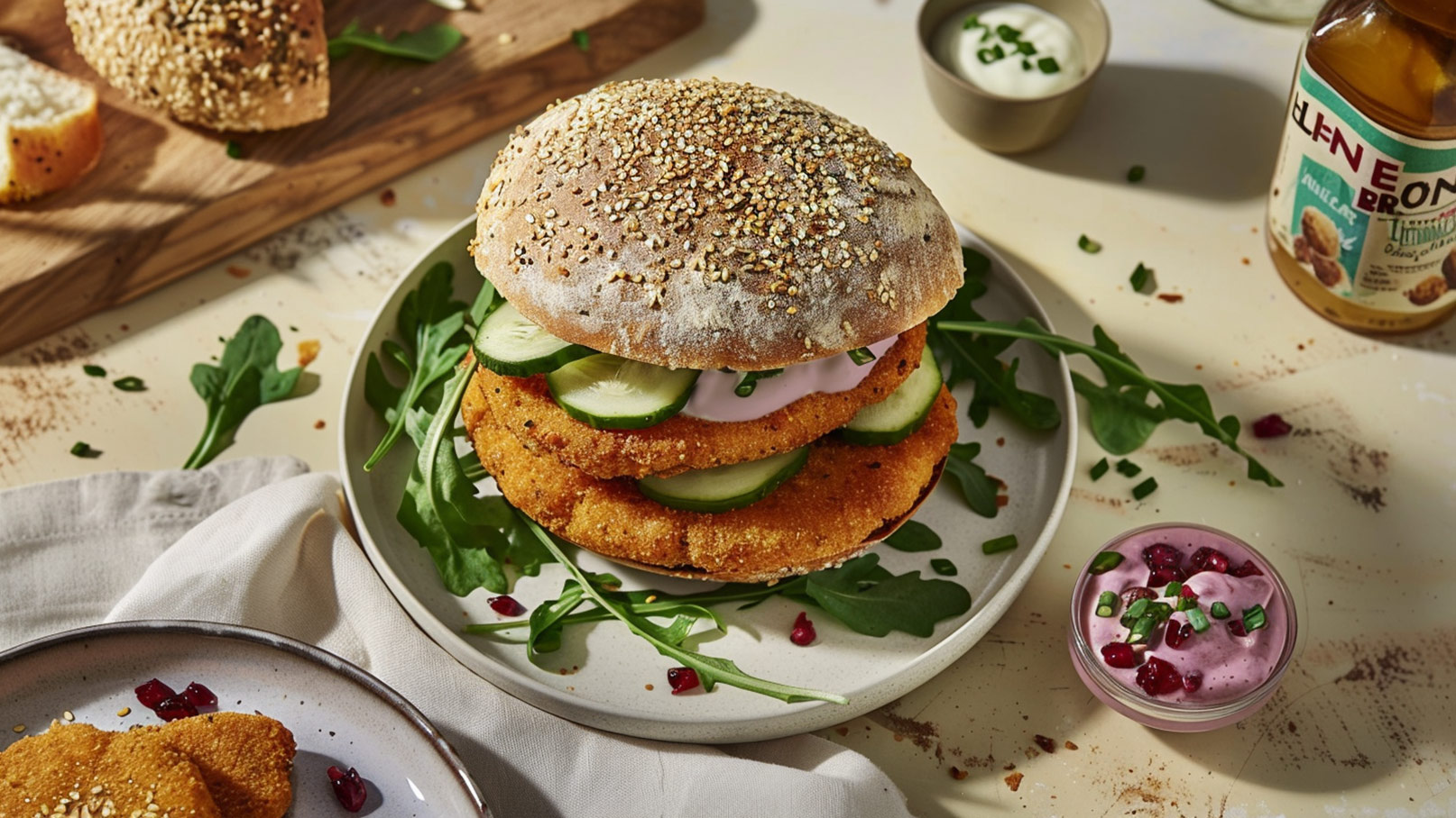Ein großzügiger Burger mit einem Sesambrötchen, gefüllt mit zwei panierten Schnitzeln, Gurkenscheiben und einer sahnigen Sauce. Daneben liegen frischer Rucola und eine kleine Schüssel mit pinkfarbener Sauce, garniert mit Granatapfelkernen.