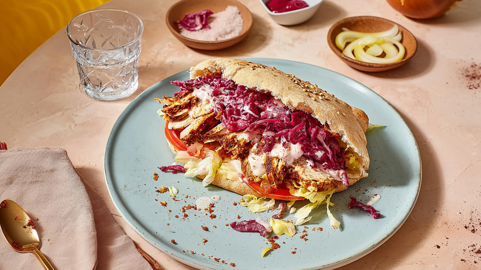 Ein frisch zubereitetes Sandwich auf einem blauen Teller, gefüllt mit gegrilltem Hühnchen, Tomaten, Salat und Rotkohl. Ein cremiges Dressing ist sichtbar. Daneben ein Glas Wasser und kleine Schalen mit Gewürzen. Das Gericht wirkt appetitlich und einladend.