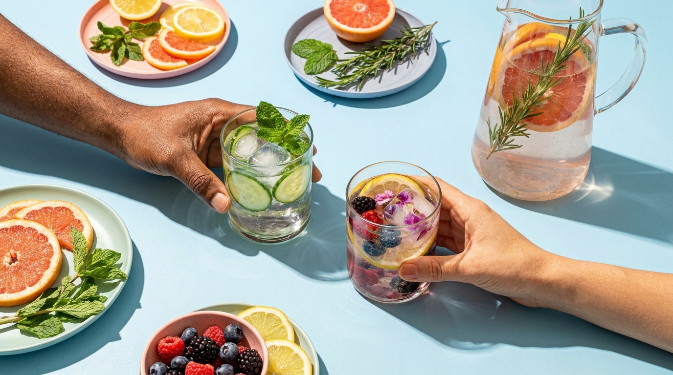 Zwei Hände stoßen mit Gläsern aromatisiertem Wasser an – eines mit Gurke, Limette und Minze, das andere mit Beeren und essbaren Blüten. Auf dem Tisch Teller mit Zitrusscheiben, Beeren und ein Krug mit Kräutern und Grapefruit.