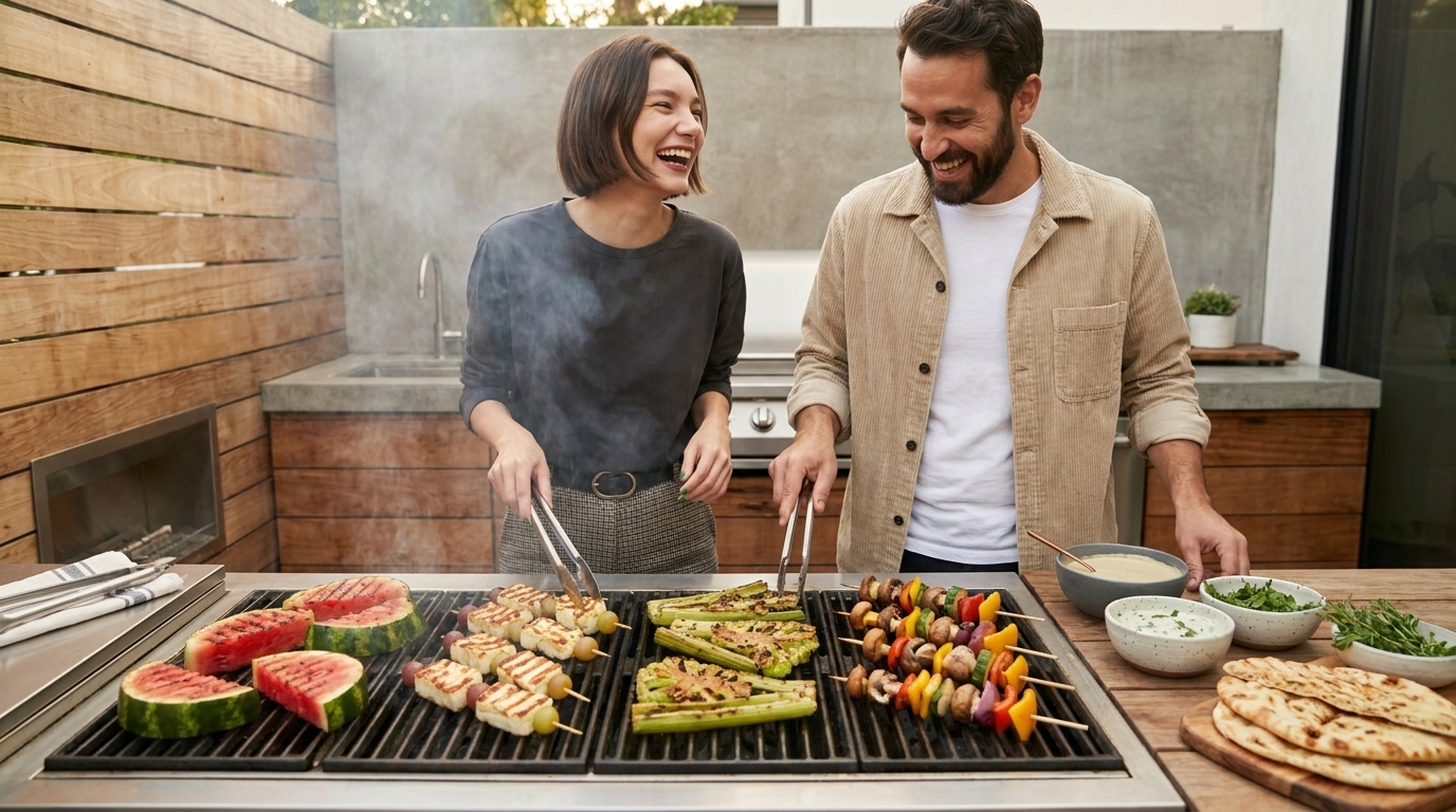 Ein lachendes Paar grillt im Freien Spieße, Spargel, aufgeschnittene Wassermelone und Fladenbrot; Schalen mit Dips stehen daneben.