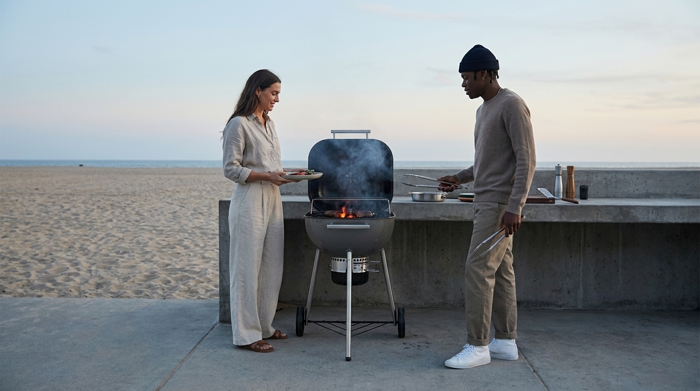Frau und Mann stehen an einem Holzkohlegrill am Strand bei Dämmerung, bereiten Essen, Rauch steigt auf.