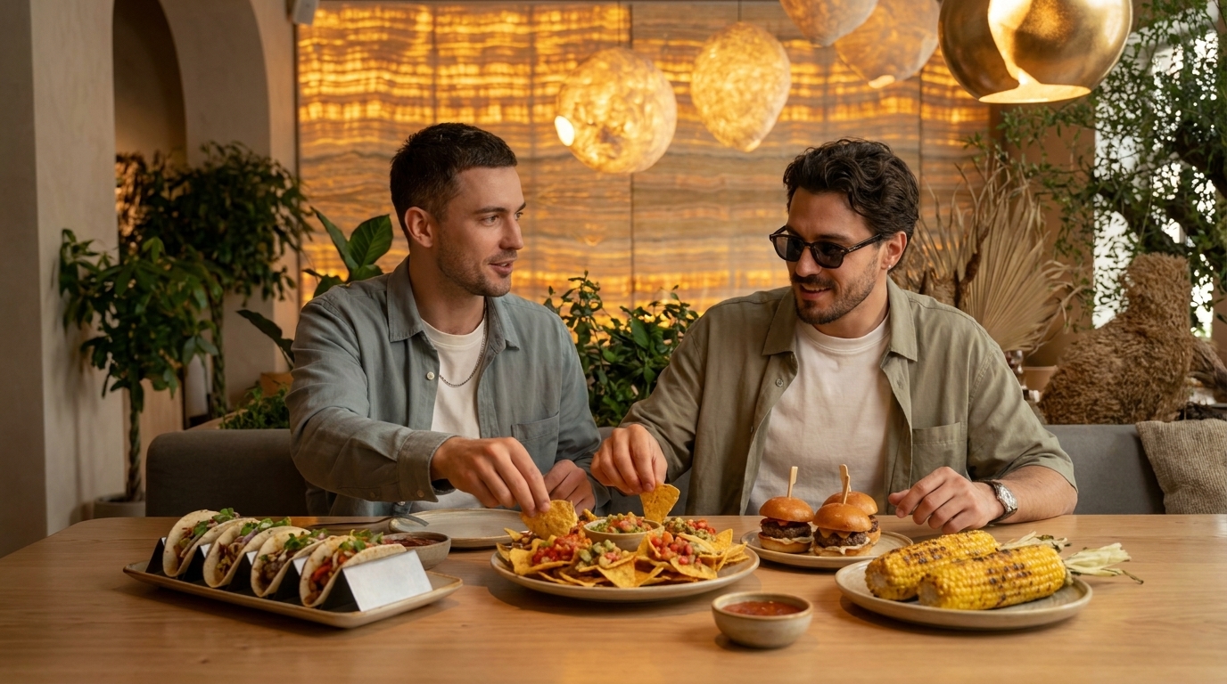 Zwei Männer sitzen an einem Tisch und teilen sich verschiedene Gerichte: Tacos, Nachos mit Dips, kleine Burger und Maiskolben. Sie greifen gemeinsam nach dem Essen und wirken entspannt.