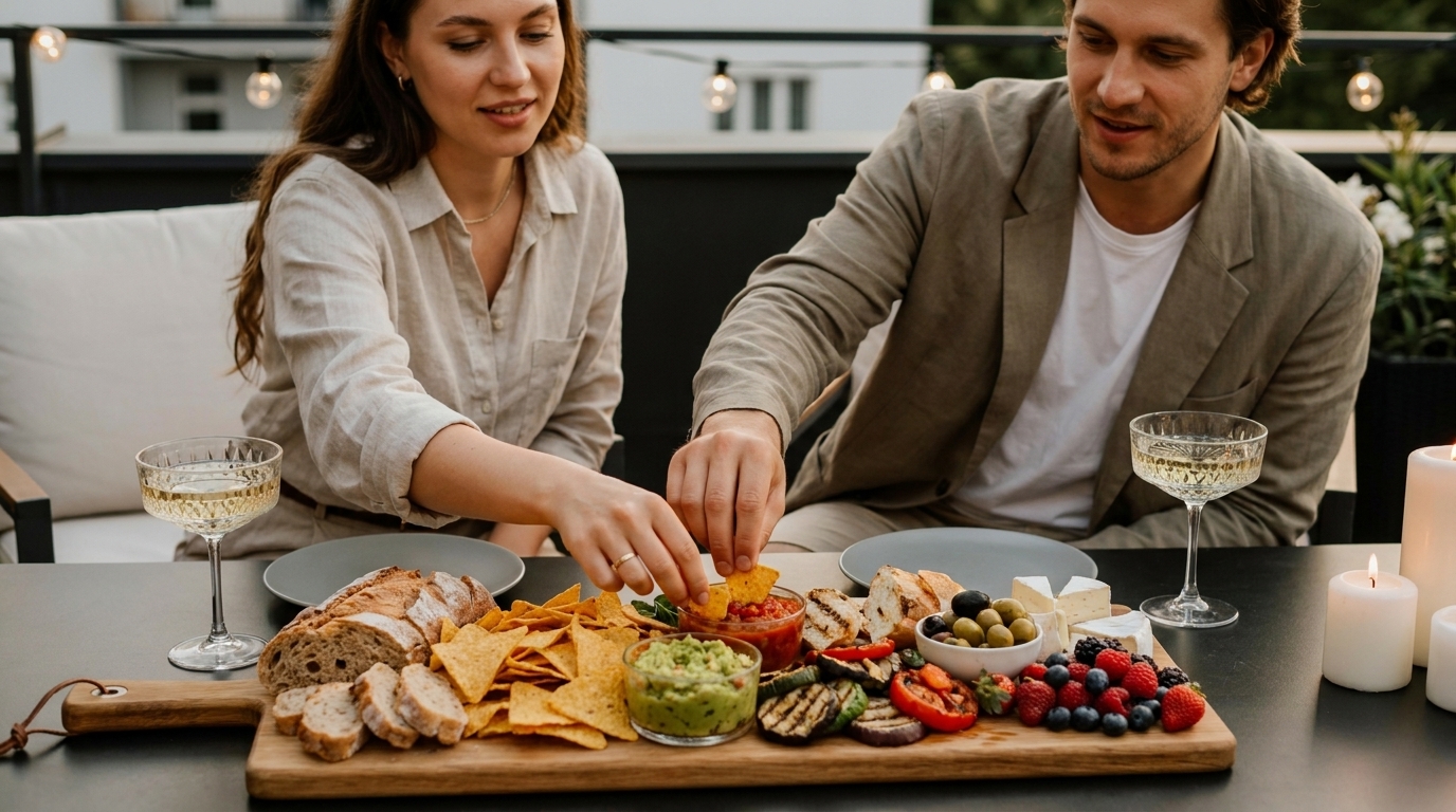 Zwei Personen greifen gemeinsam nach Snacks auf einer großen Holzplatte mit Brot, Tortilla‑Chips, Dips, Käse, Oliven und Beeren; Gläser und Kerzen stehen daneben.