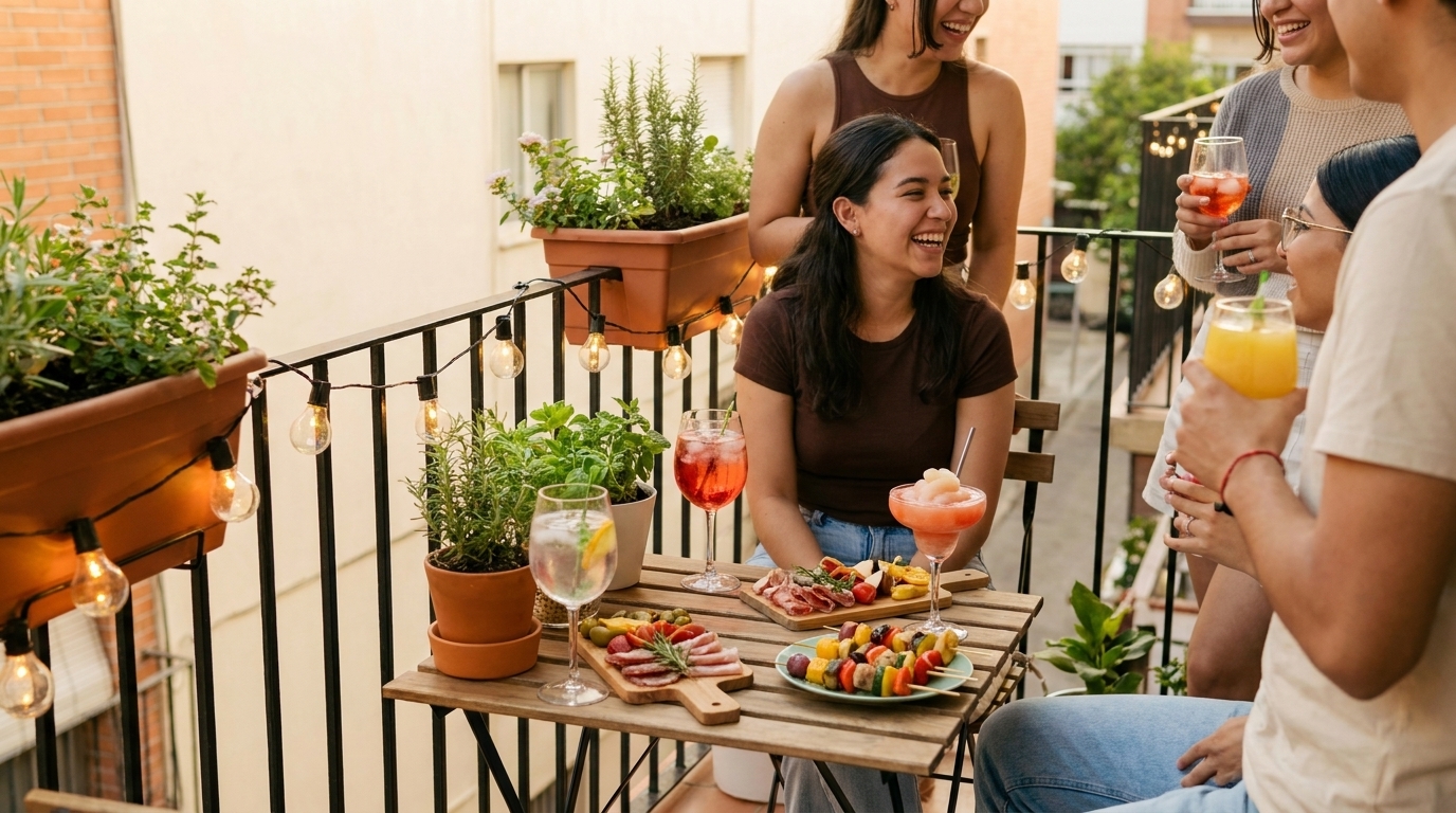 Mehrere junge Erwachsene auf einem kleinen Balkon, lachend um einen Tisch mit Tapas, Gemüsespießen und bunten Getränken versammelt.