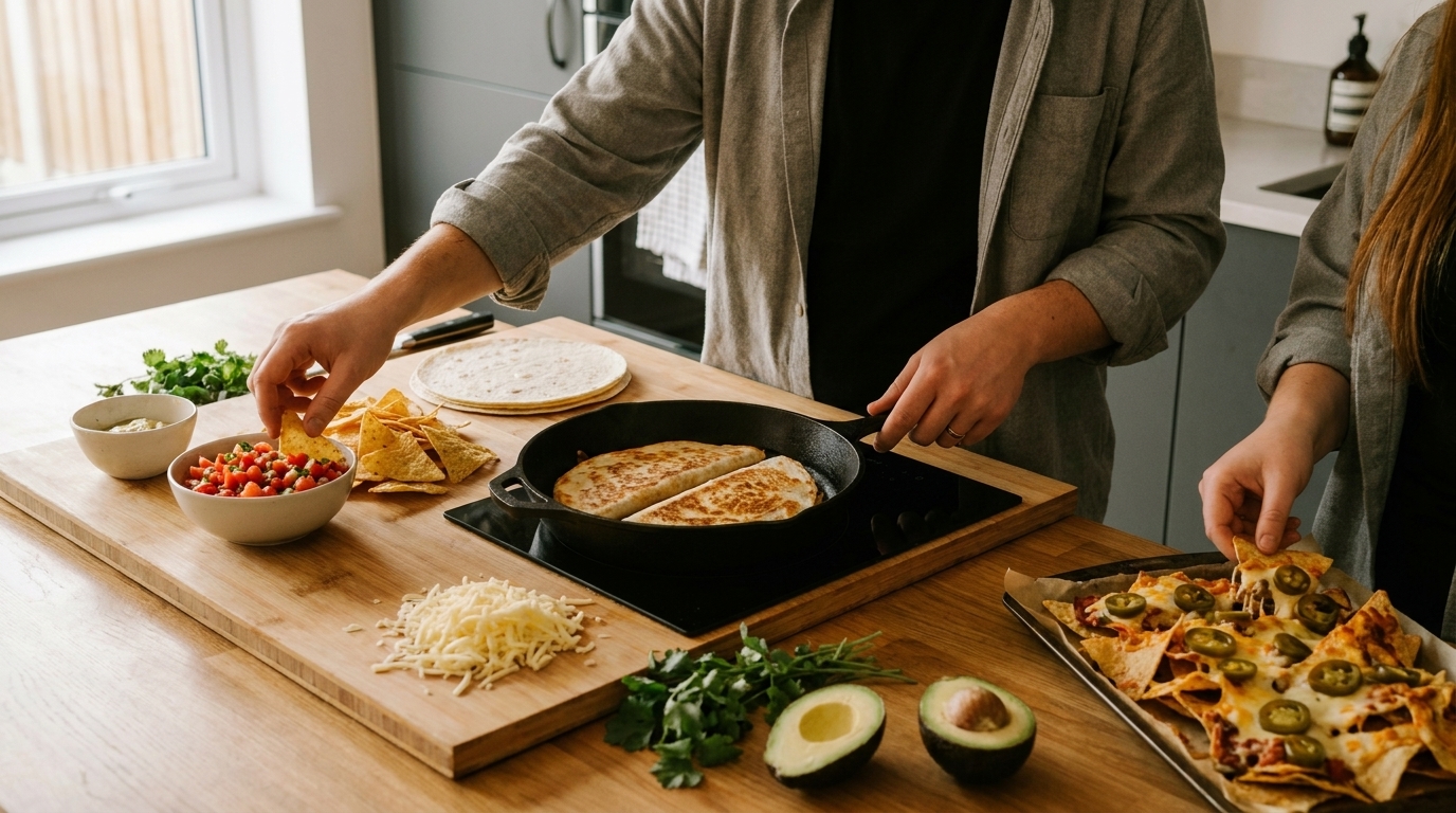 Zwei Personen bereiten mexikanische Snacks: Pfanne mit Quesadillas, Schale mit Nachos, Salsa, geriebener Käse, Avocado und frische Kräuter auf Arbeitsfläche.