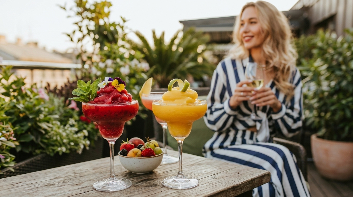 Zwei bunte gefrorene Cocktails in Stielgläsern und eine Schale Beeren auf einem Holztisch, im Hintergrund eine lächelnde Frau mit Getränk auf einer Dachterrasse.