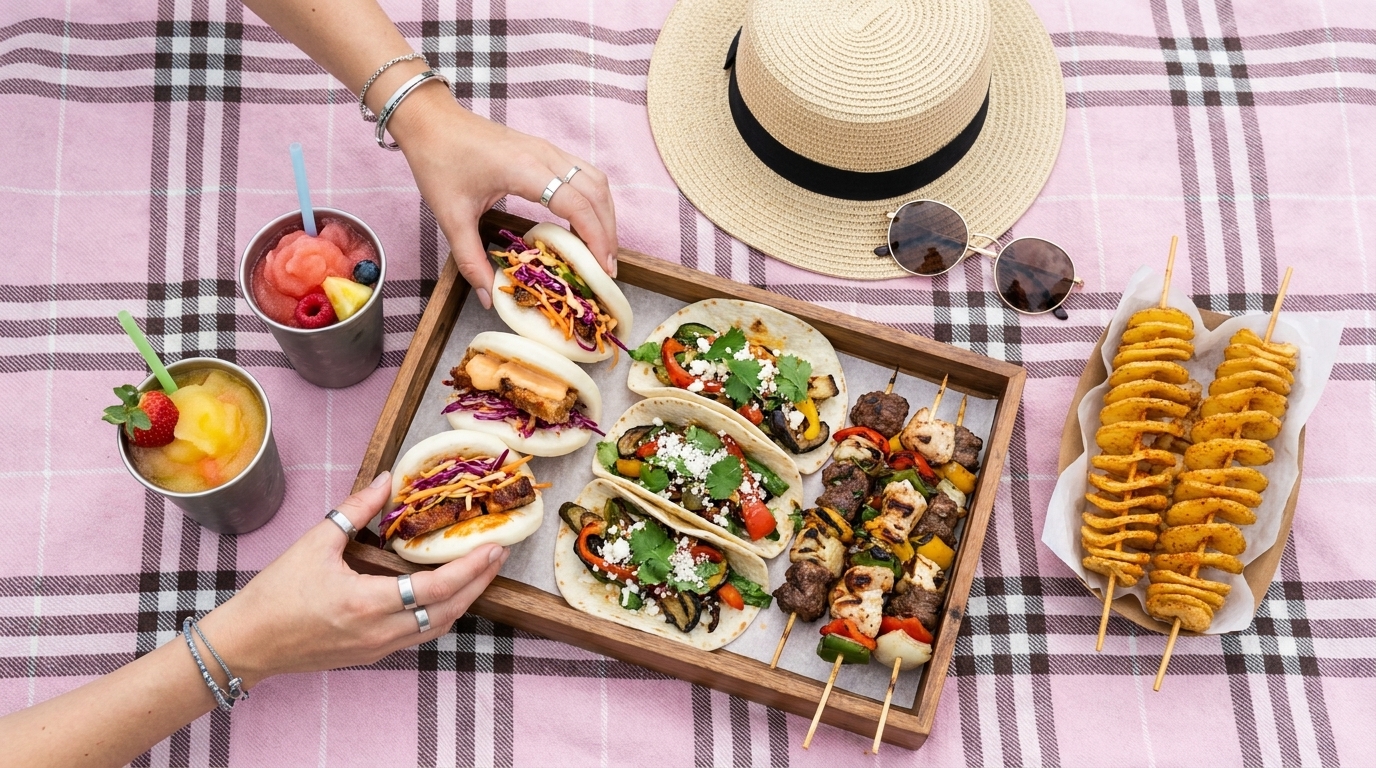 Picknick: Holztablett mit mehreren gefüllten Bao-Brötchen/kleinen Tacos und gegrillten Fleisch‑Gemüse‑Spießen, daneben spiralgeschnittene Kartoffelspieße und zwei fruchtige Getränke; Hände greifen nach einem Bao.