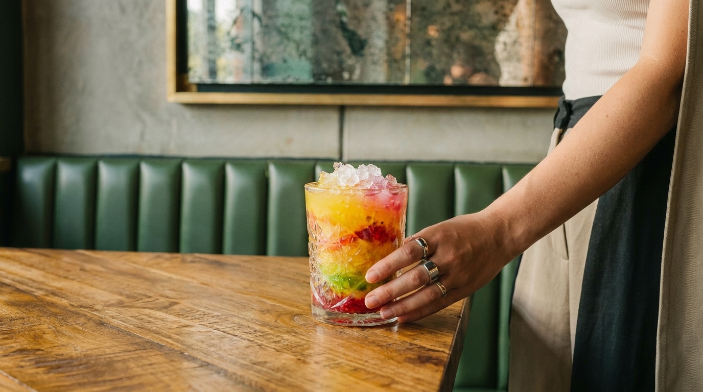 Hand einer Person stellt ein Glas mit buntem, geschichtetem Cocktail und zerstoßenem Eis auf einem Holztisch in einer Bar.