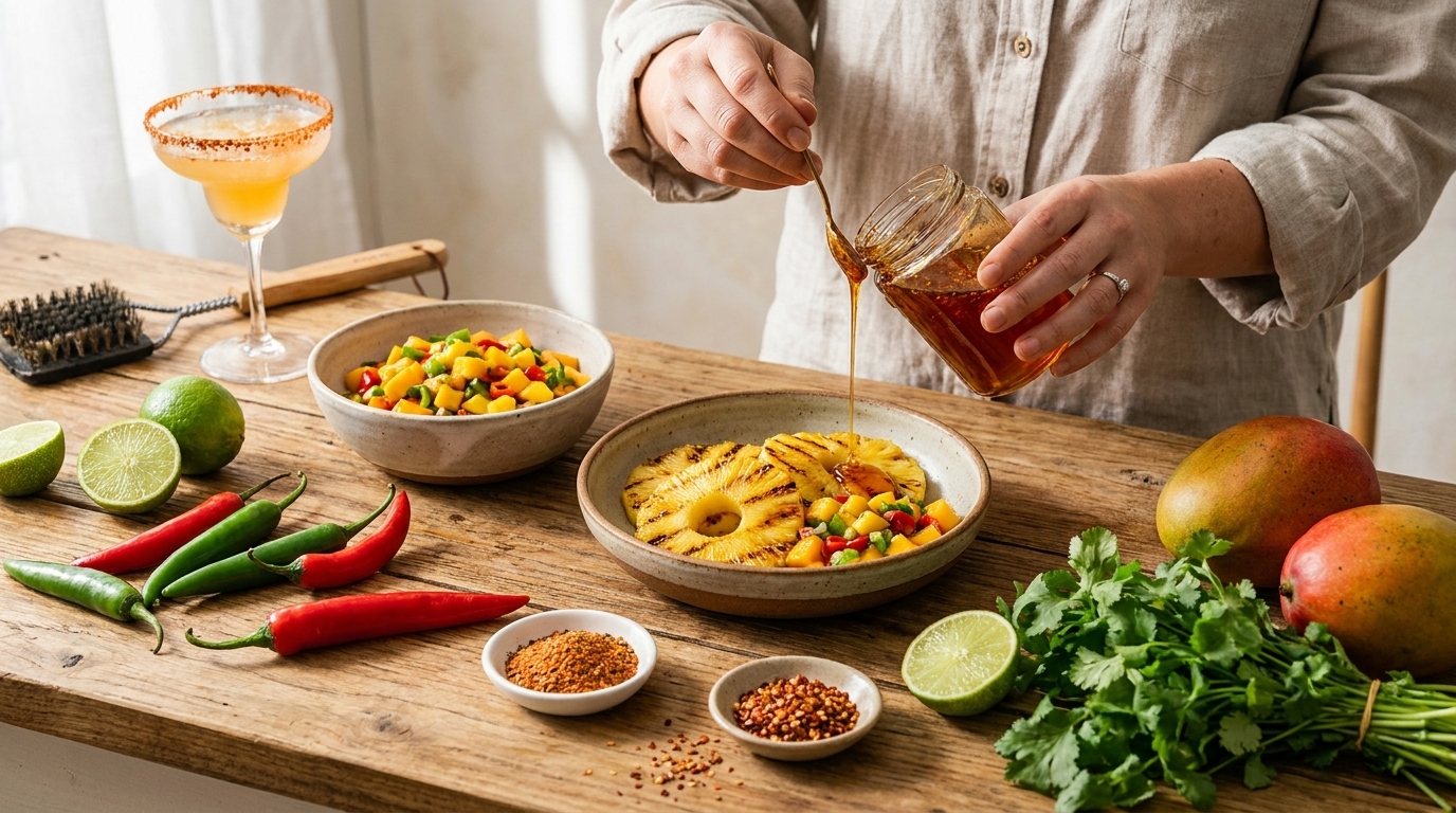 Hände gießen Dressing über eine Schale mit gegrillten Ananasscheiben und Mango‑Salsa; auf dem Holztisch liegen Mangos, Limetten, rote und grüne Chilischoten, frischer Koriander und kleine Schälchen mit Gewürzen.
