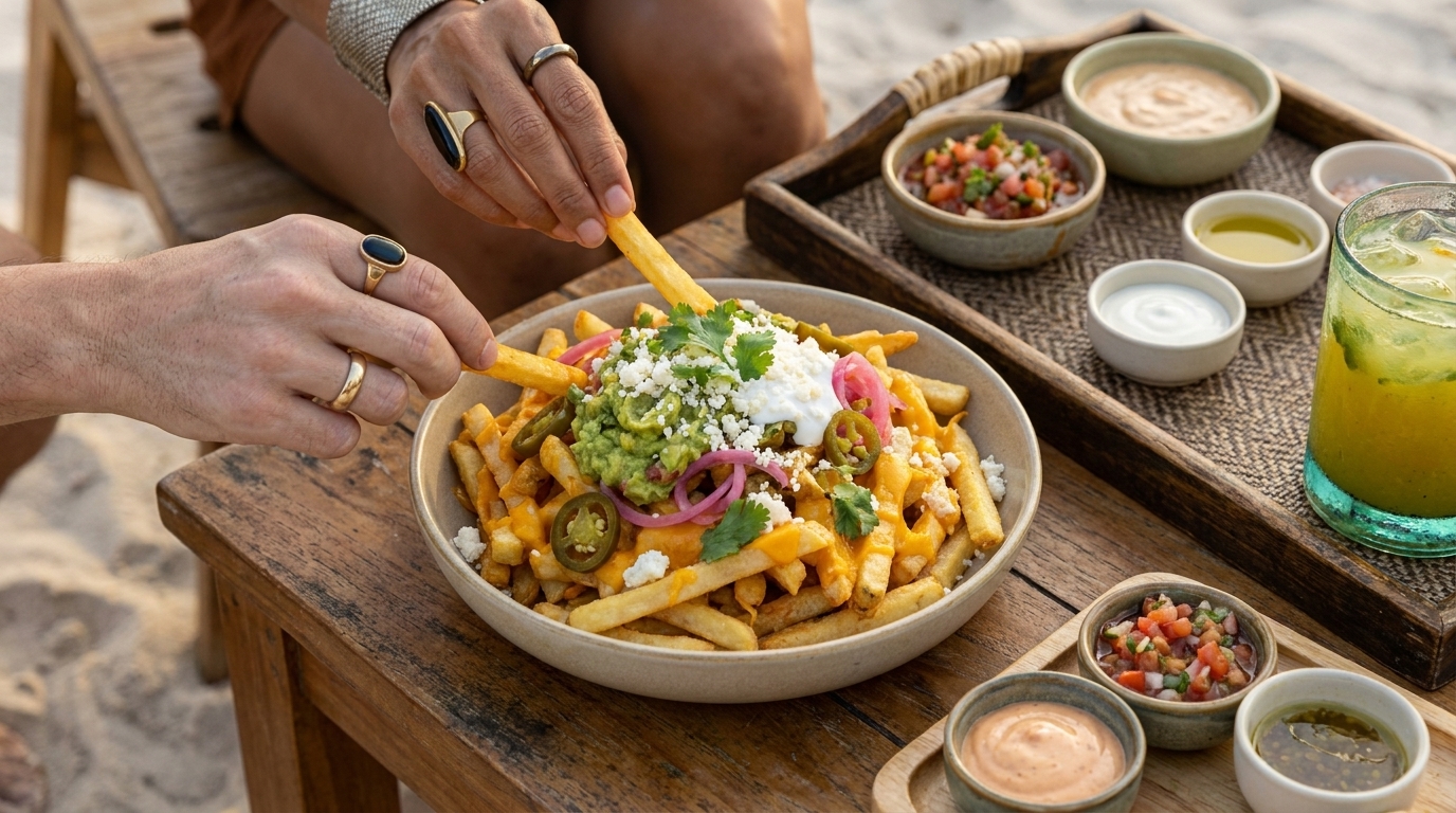 Teller mit beladenen Pommes frites, garniert mit Guacamole, eingelegten Zwiebeln, Jalapeños, Bröselkäse und Koriander; zwei Hände greifen Pommes. Mehrere Dips und ein Getränk stehen daneben.