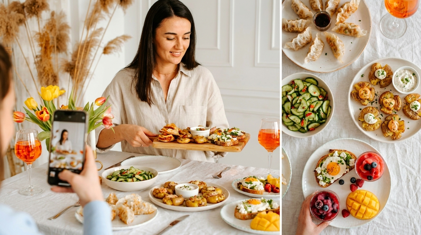 Frau stellt ein Holzbrett mit Häppchen an einem gedeckten Tisch; zahlreiche kleine Teller mit Fingerfood, Salaten, Dips und Früchten. Im Vordergrund macht eine andere Person ein Foto mit dem Smartphone.