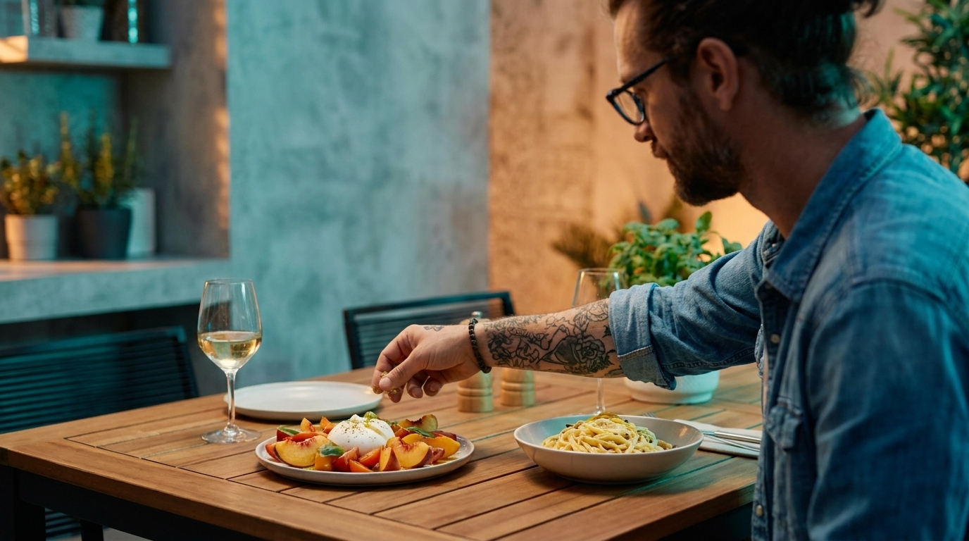 Ein Mann mit Brille und Tätowierungen würzt einen Salatteller am gedeckten Holztisch; daneben stehen eine Schüssel Pasta und ein Glas Weißwein, Abendessen für zwei.