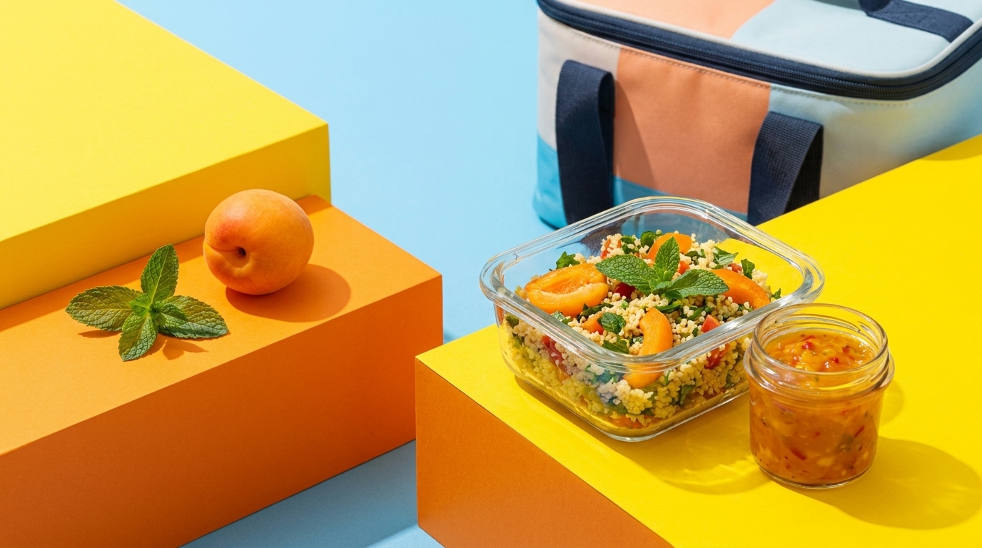 Glasbehälter mit Couscoussalat, Aprikosen und Minze, daneben ein Glas Dressing und eine Aprikose; Kühltasche im Hintergrund.