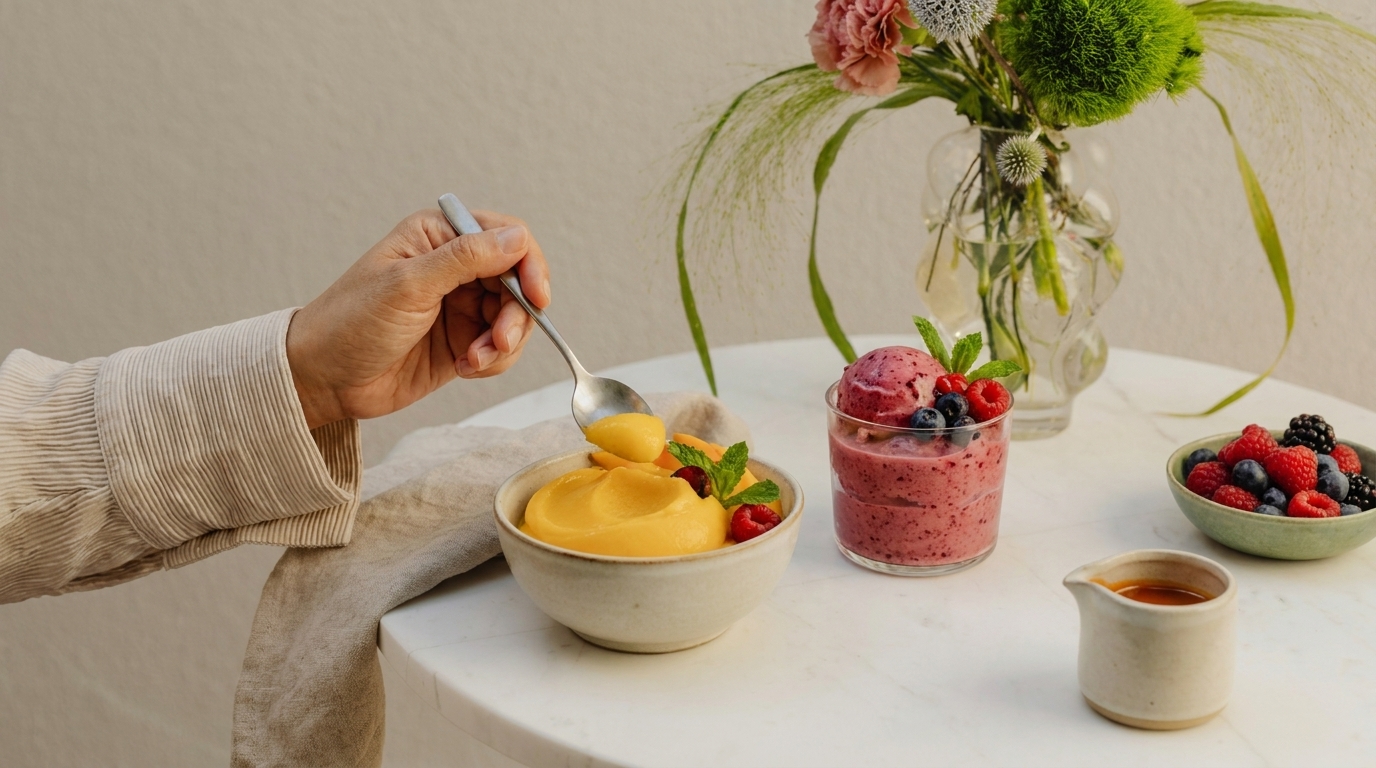 Hand mit Löffel schöpft aus Schale mit gelbem Fruchtpüree; daneben ein Glas mit Beerensmoothie und eine kleine Schale mit gemischten Beeren auf rundem Tisch.