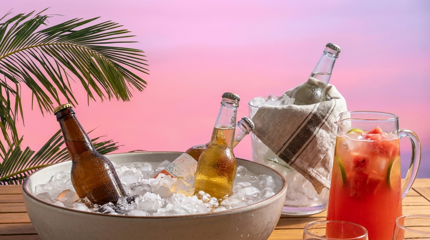 Eiskalte Bierflaschen in einer Schüssel mit Eis und in einem Eis-Kühler, daneben eine Karaffe mit rotem Fruchtcocktail auf einem Tisch vor rosafarbenem Hintergrund.
