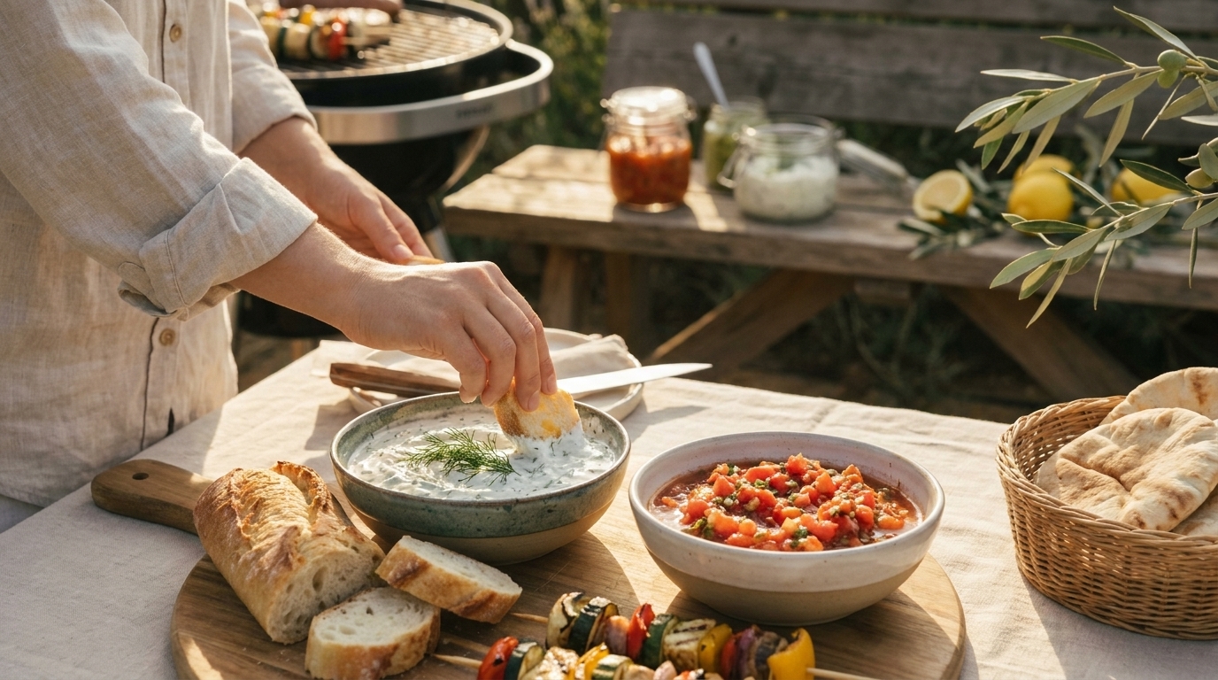 Person bereitet im Freien Vorspeisen: Zitronenhälfte wird in eine Joghurt‑Kräuter‑Sauce gedrückt; Brot, Gemüsespieße, Tomatensalat und Fladenbrot daneben.