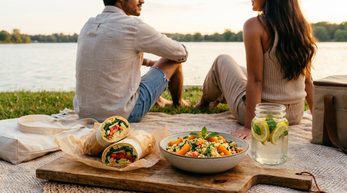Zwei Personen sitzen am Seeufer, davor auf einer Decke ein Picknick mit zwei gefüllten Wraps, einer Schüssel Couscous-Salat und einem Glas Wasser mit Zitronenscheiben.