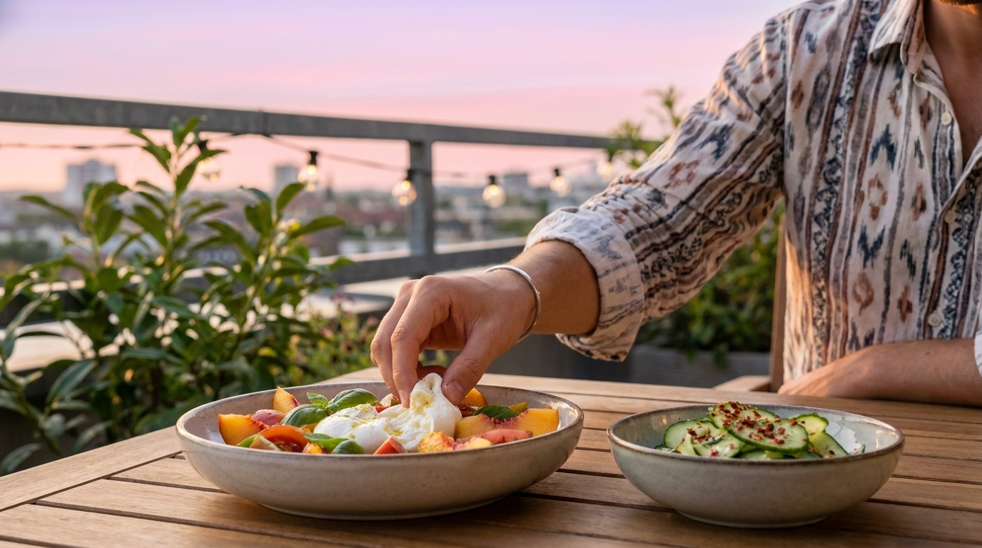 Hand greift ein Stück weichen weißen Käses (Burrata/Mozzarella) aus einer Schüssel mit Pfirsichen und Basilikum; daneben Schüssel mit Gurkensalat auf Holztisch bei Abendlicht.