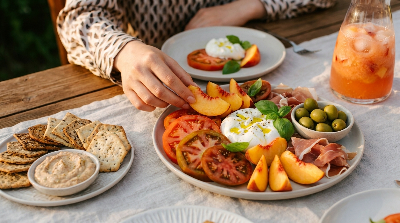 Hand greift Pfirsichscheibe von Platte mit Burrata, Tomatenscheiben, Pfirsichen, Prosciutto, Basilikum und grünen Oliven; daneben Cracker, Dip und Getränk.