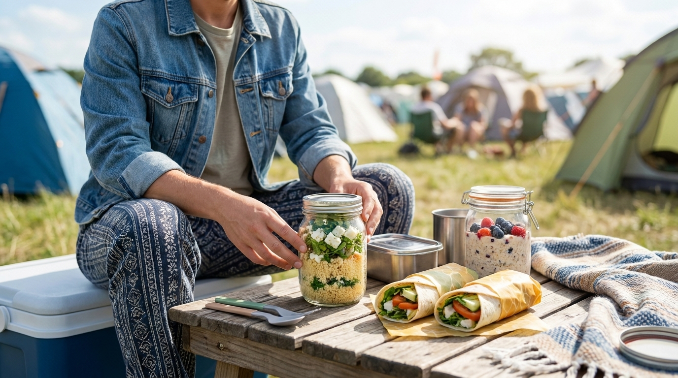 Eine Person sitzt auf einem Campingplatz vor Zelten und bereitet ein Picknick auf einer Holzkiste vor: zwei Wraps, zwei Glasbehälter mit Salat, Körnern und Beeren, Thermobecher und Decke.