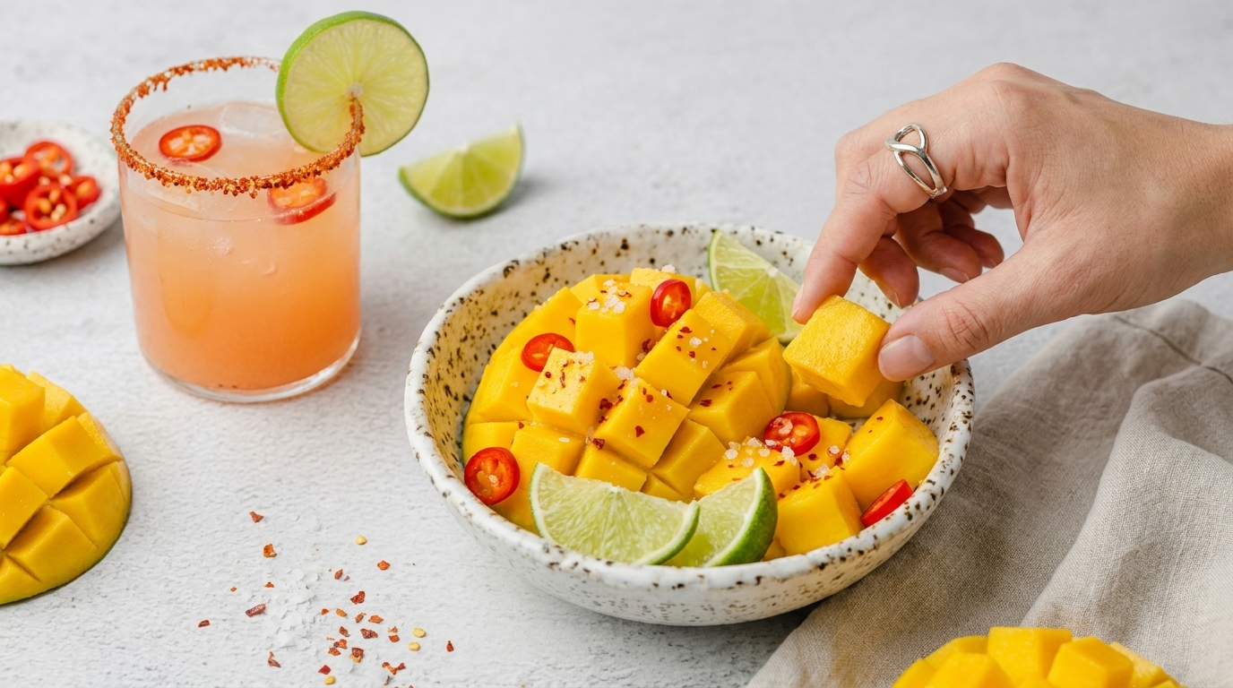 Hand greift Mangowürfel aus einer Schale mit Limettenvierteln und Chiliringe; daneben ein Glas rosa Cocktail mit Limettenscheibe und Chili-Salz am Glasrand.