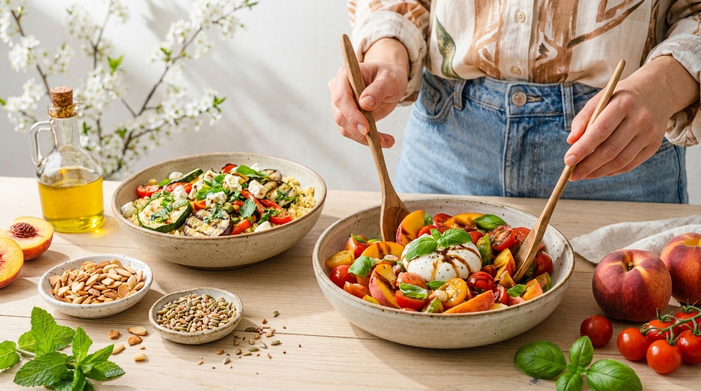 Hände einer Person mischen mit Holzlöffeln einen Tomaten‑Mozzarella‑Basilikumsalat in einer Schüssel; daneben weitere Salatschüssel, Pfirsiche, Olivenöl sowie Schälchen mit Nüssen und Körnern.