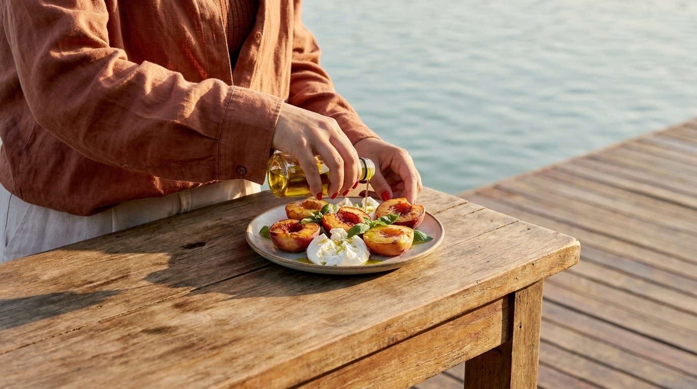Hände gießen Olivenöl über gegrillte Pfirsiche mit Burrata und Basilikum auf einem Teller, auf einem hölzernen Tisch am Wasser.