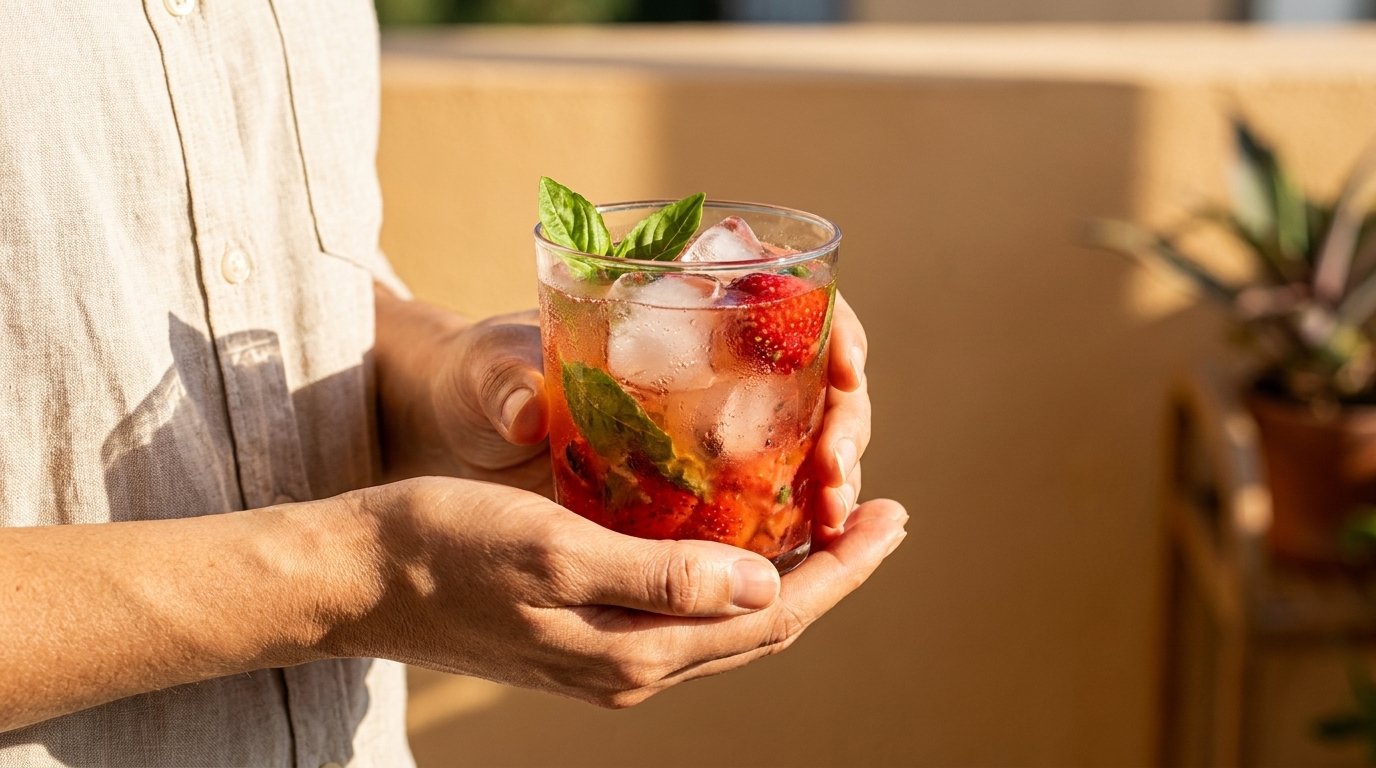 Zwei Hände halten ein Glas mit eisgekühltem Erdbeer-Cocktail, sichtbaren Erdbeerstücken, frischen Minzblättern und Eiswürfeln.