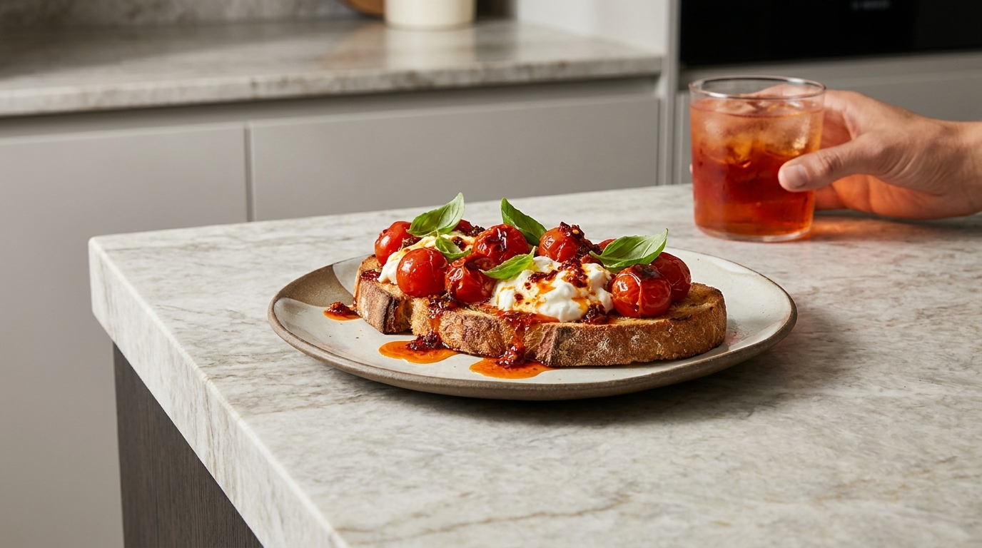 Bruschetta: geröstetes Brot mit geschmolzenem Mozzarella, Kirschtomaten, Tomatensoße und frischen Basilikumblättern auf einem Teller.