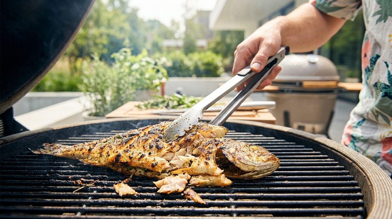 Nahaufnahme: Hand mit Grillzange wendet goldbraun gegrillten ganzen Fisch und eine Auberginenscheibe auf einem runden Holzkohlegrill im Garten.