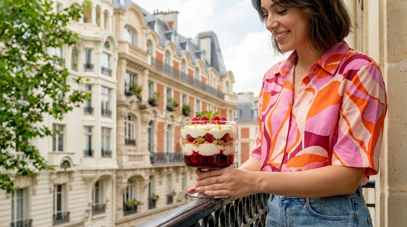 Frau auf einem Balkon vor Pariser Häuserfassaden, lächelnd, hält ein großes Glas mit geschichteter Creme, Erdbeeren und Biskuitstücken.