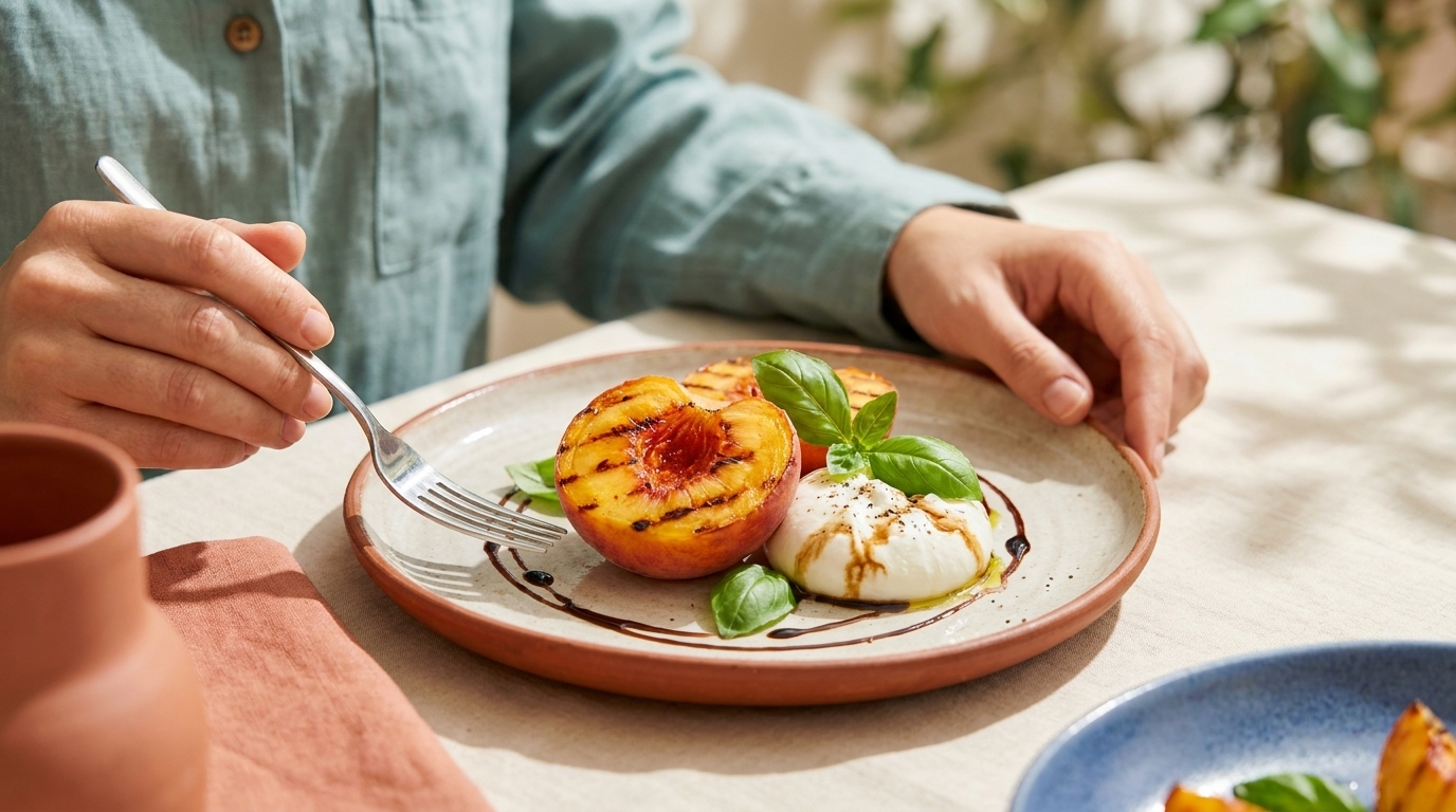Nahaufnahme: Teller mit gegrillten Pfirsichhälften, einer Burrata-Kugel, frischen Basilikumblättern und Balsamico-Drizzle; zwei Hände, eine hält eine Gabel.