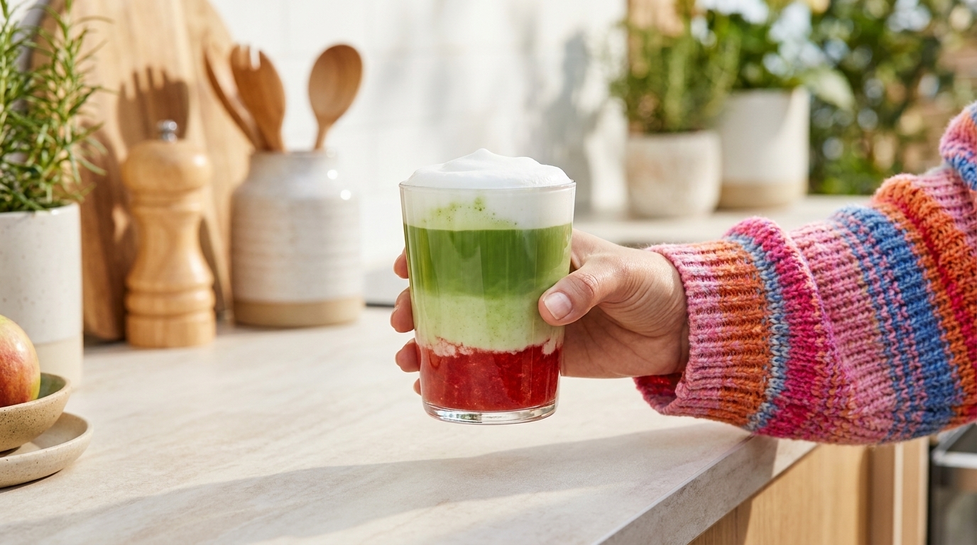Hand in buntem Strickpullover hält ein klares Glas mit dreischichtiger Getränkfüllung: rote Basis, weiße mittlere Schicht, grüne obere Schicht und weiße Schaumkrone.