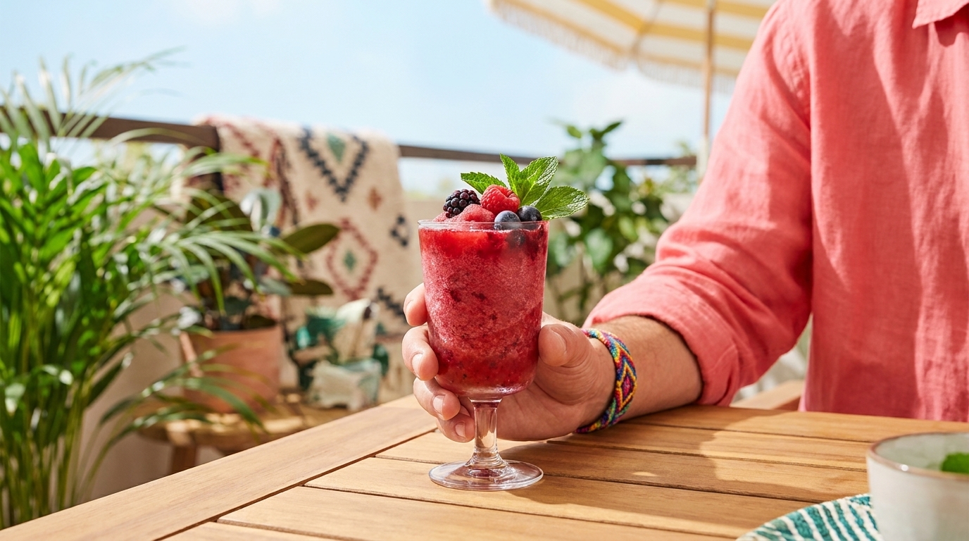 Hand einer Person hält ein Glas mit rotem Beeren-Sorbet, garniert mit Beeren und Minzblättern, auf einem Holztisch im Freien.