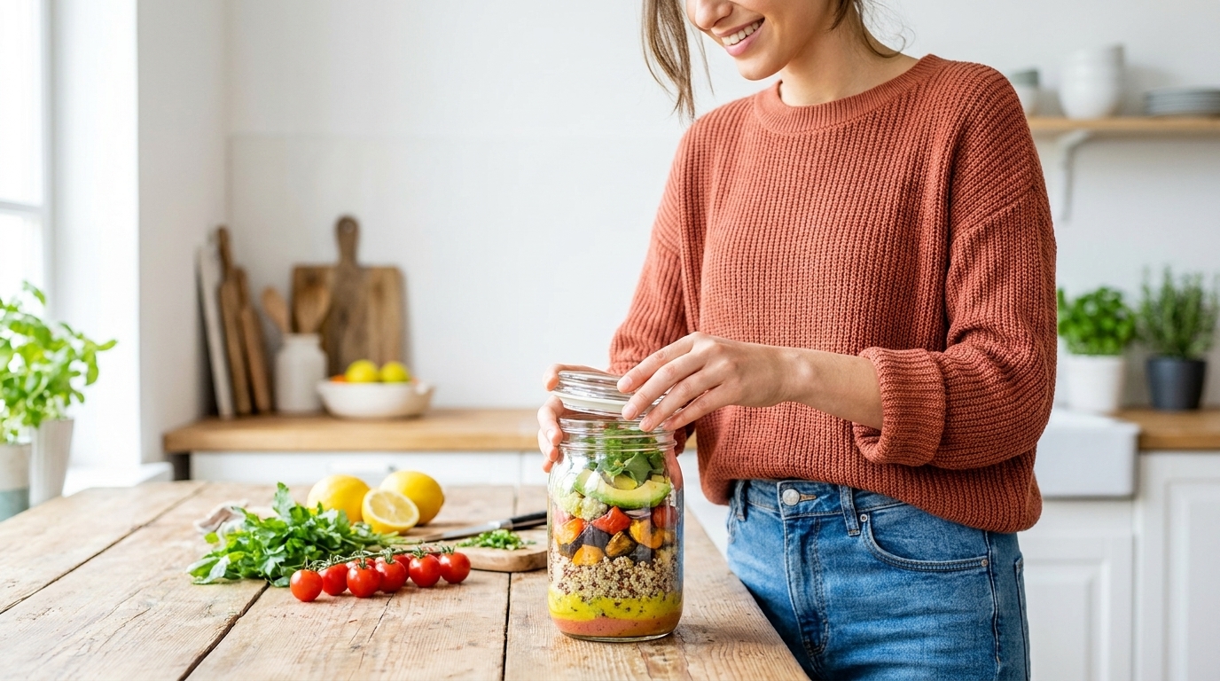 Lächelnde Frau in Küche füllt Einmachglas mit buntem Schichtsalat aus Körnern, Gemüse und Kräutern auf Arbeitsfläche mit Tomaten und Zitronen.