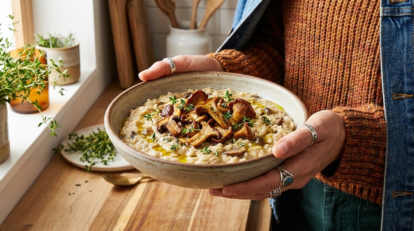 Hände halten eine Schüssel mit cremigem Pilzrisotto, garniert mit gebratenen Pilzen und frischen Kräutern.