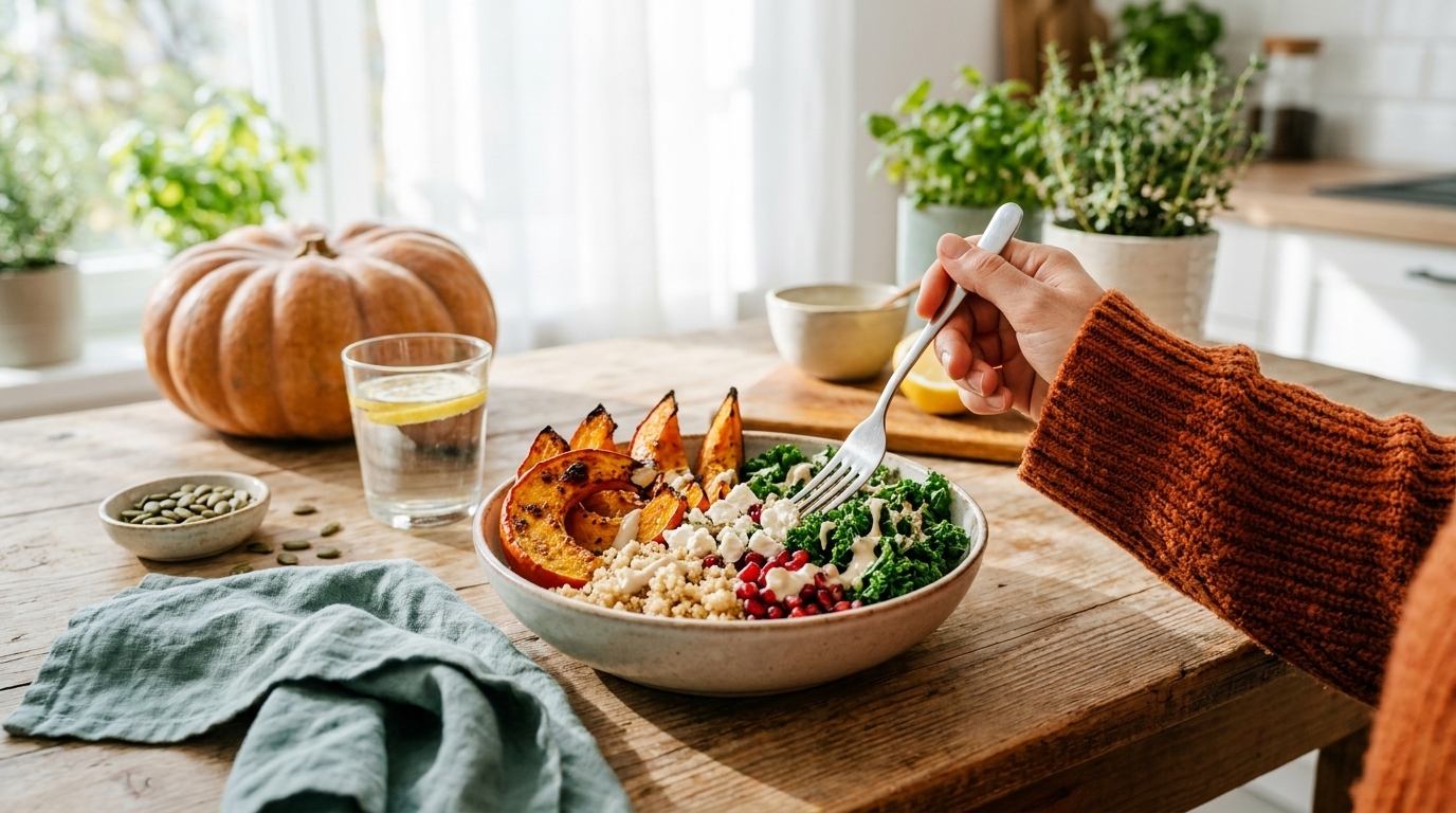 Hand mit Gabel über einer Schüssel mit herbstlicher Bowl: geröstete Kürbisspalten, Körner (Hirse/Couscous), Grünkohl und Granatapfelkerne auf einem Holztisch.