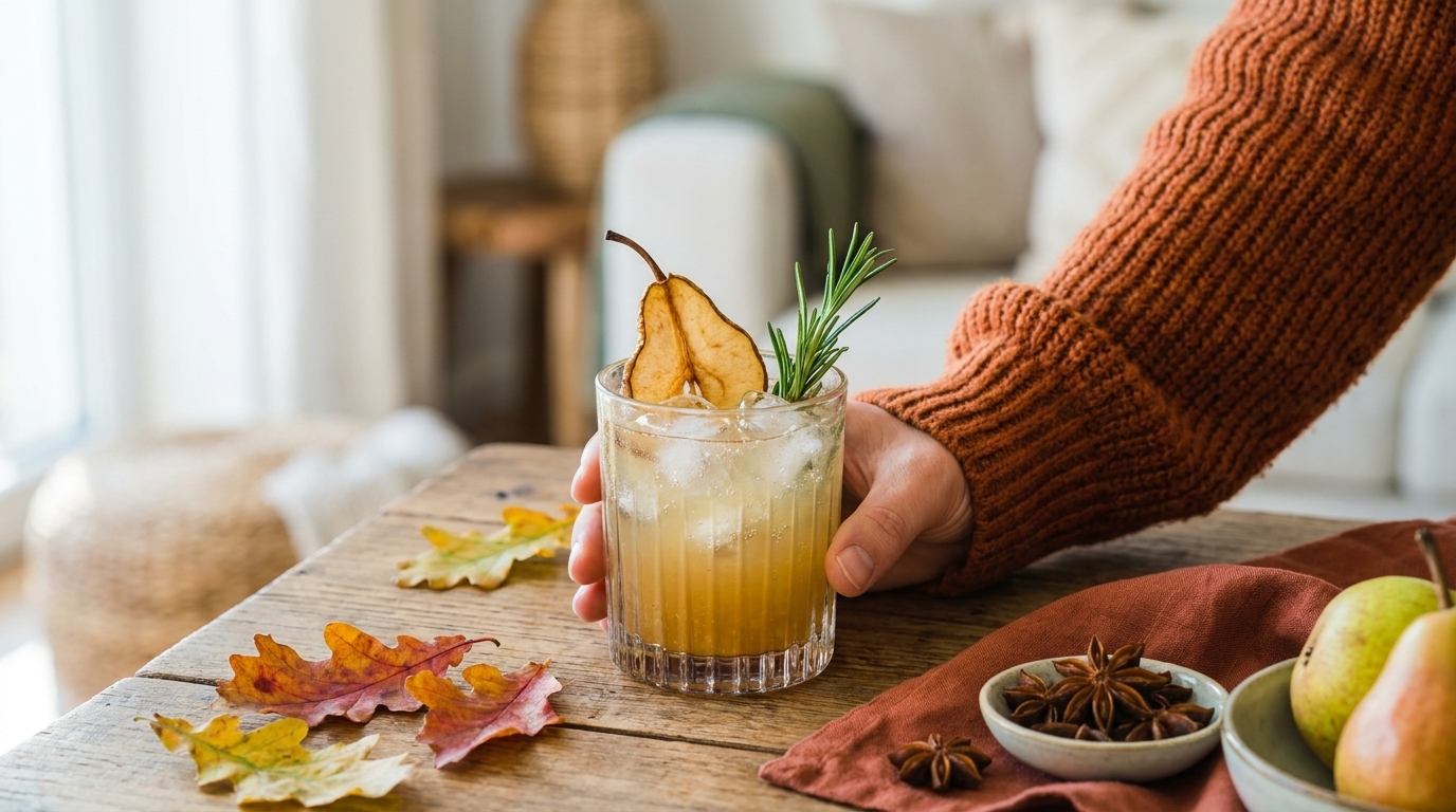 Hand in orangefarbenem Pullover hält ein Glas mit eisigem Herbstcocktail, garniert mit getrockneter Birnenscheibe und Rosmarinzweig, auf einem Holztisch mit Herbstlaub und Gewürzen.