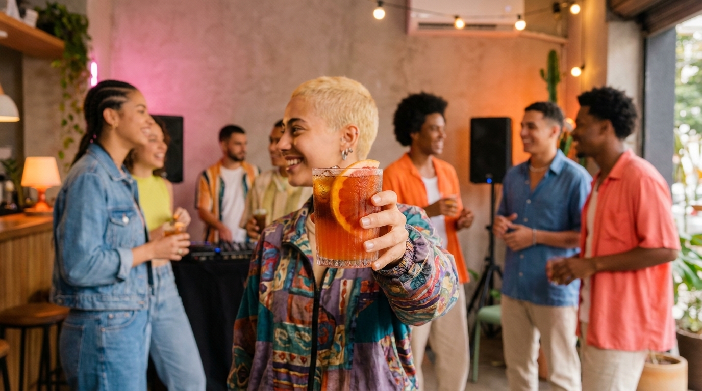 Junge Frau mit kurzem blondem Haar lächelt und hält ein Cocktailglas mit Orangenscheibe in die Kamera; im Hintergrund unterhalten sich mehrere Personen bei einer lockeren Indoor-Party.