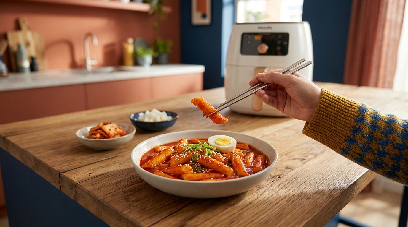 Hand mit Essstäbchen hebt ein Stück würziger Tteokbokki aus einer Schüssel mit Reiskuchen und halbiertem Ei, daneben kleine Schälchen mit Beilagen.