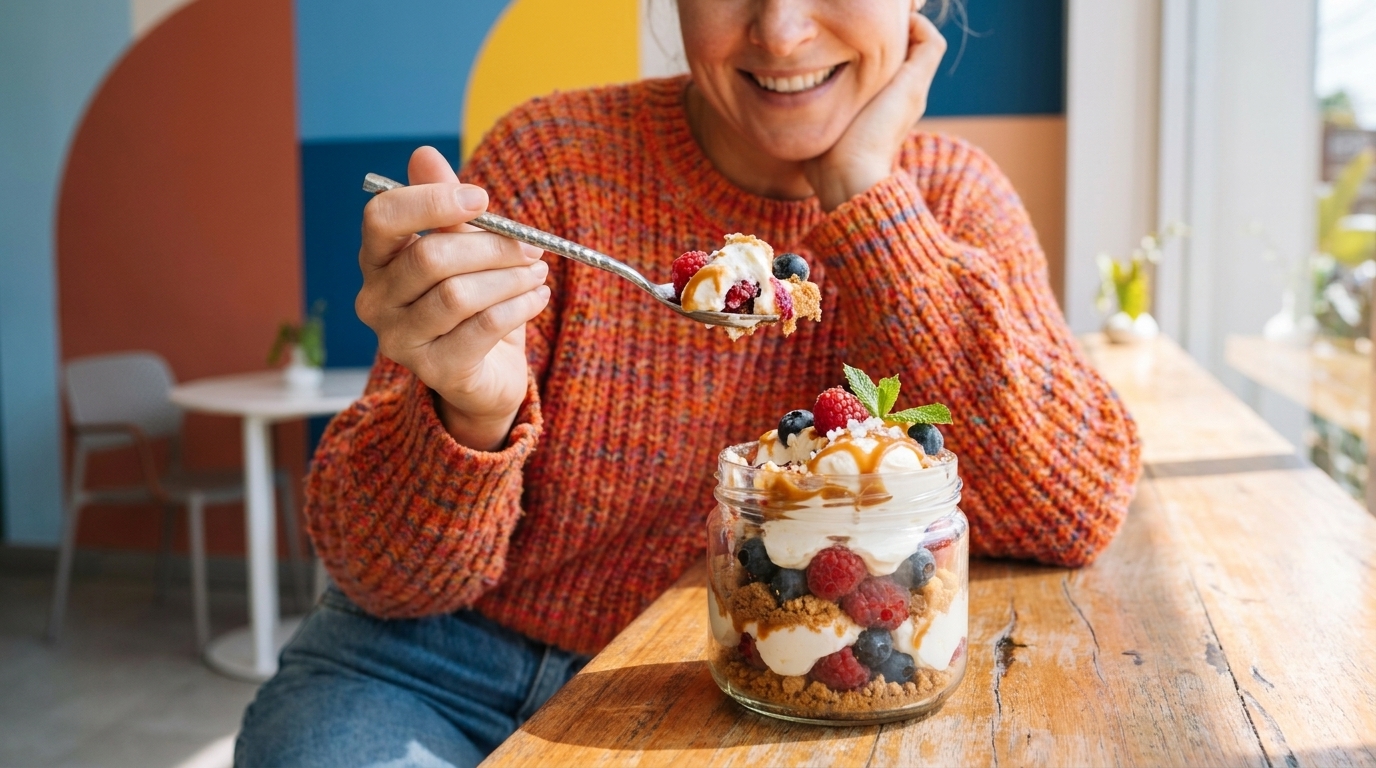 Person in orangefarbenem Strickpullover isst in einem Café ein Schichtdessert im Glas mit Sahne, Beeren, Karamell und Kekskrümeln, lächelnd beim Löffeln.