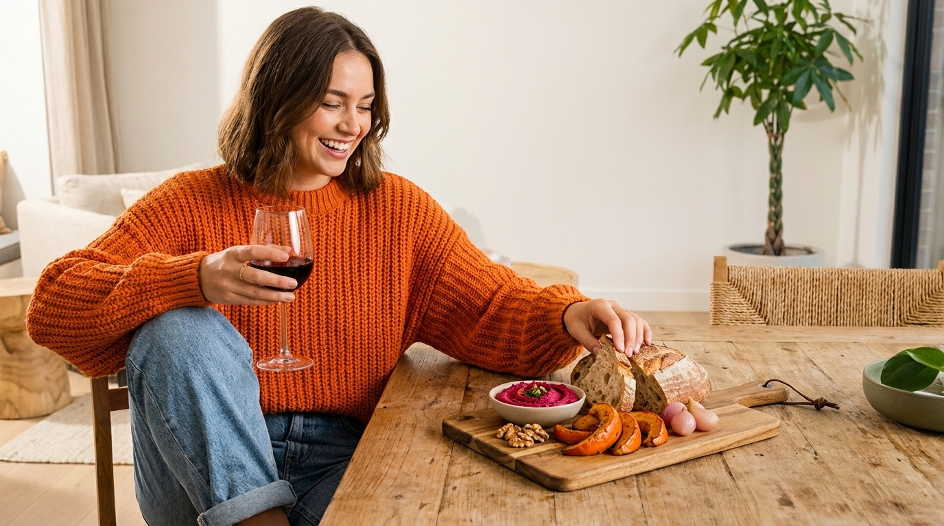 Frau in orangefarbenem Pullover sitzt am Holztisch, lächelnd mit einem Glas Rotwein, greift nach Brot auf einem Brett mit rosa Dip, gerösteten Kürbisscheiben und Nüssen.