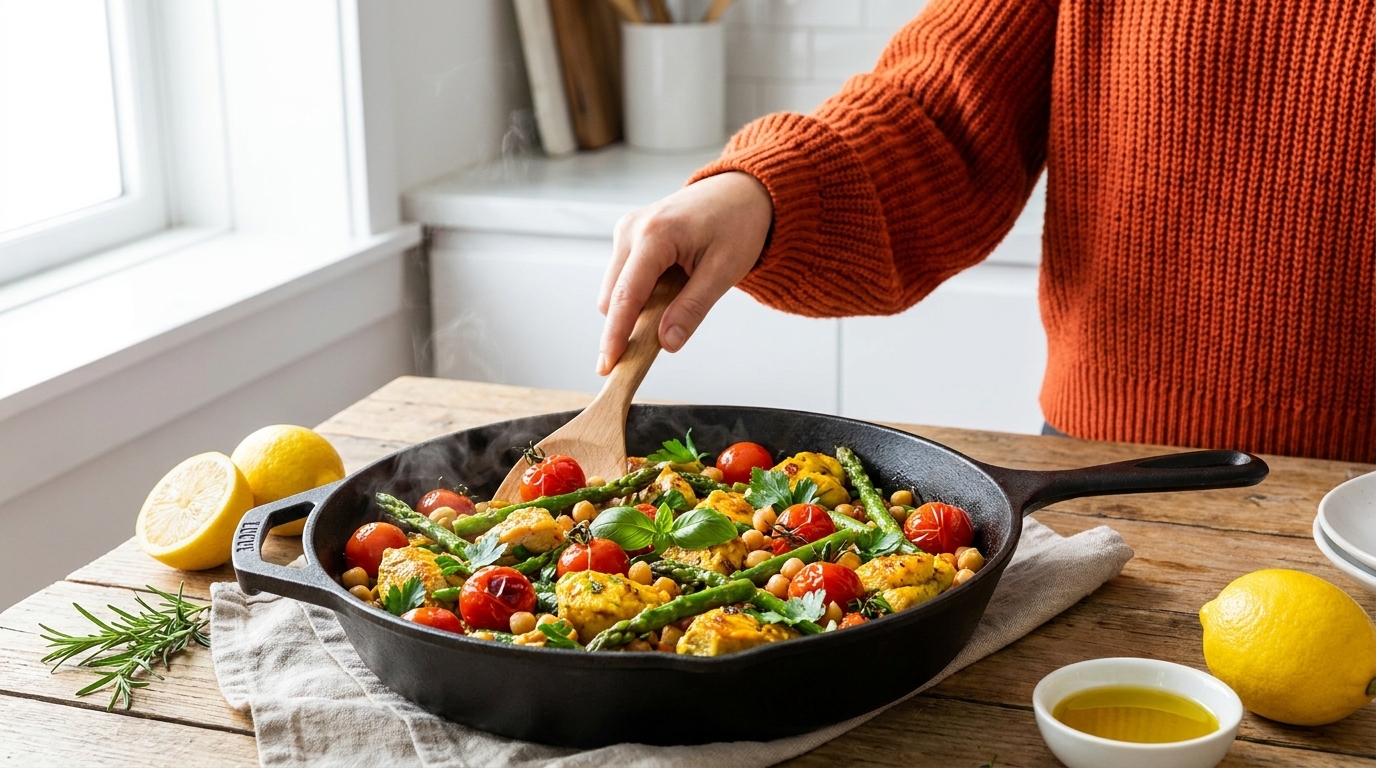 Hand rührt in gusseiserner Pfanne buntes Rührei mit Kirschtomaten, Spinat und Kräutern; Zitrone und Schale mit Olivenöl auf Holztisch.