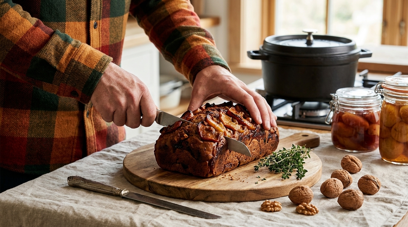 Hände einer Person schneiden ein nussbestreutes, gebackenes Brot auf einem Holzbrett; daneben liegen Walnüsse und frische Kräuter.