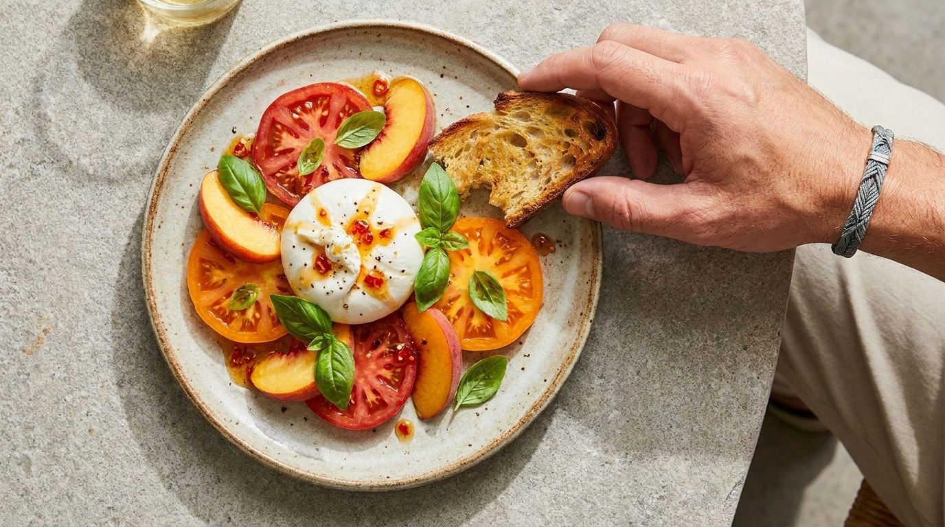 Teller mit Burrata in der Mitte, darum rote und gelbe Tomatenscheiben, Pfirsichspalten, frische Basilikumblätter und Chiliöl, daneben geröstetes Brot, von einer Hand gehalten.