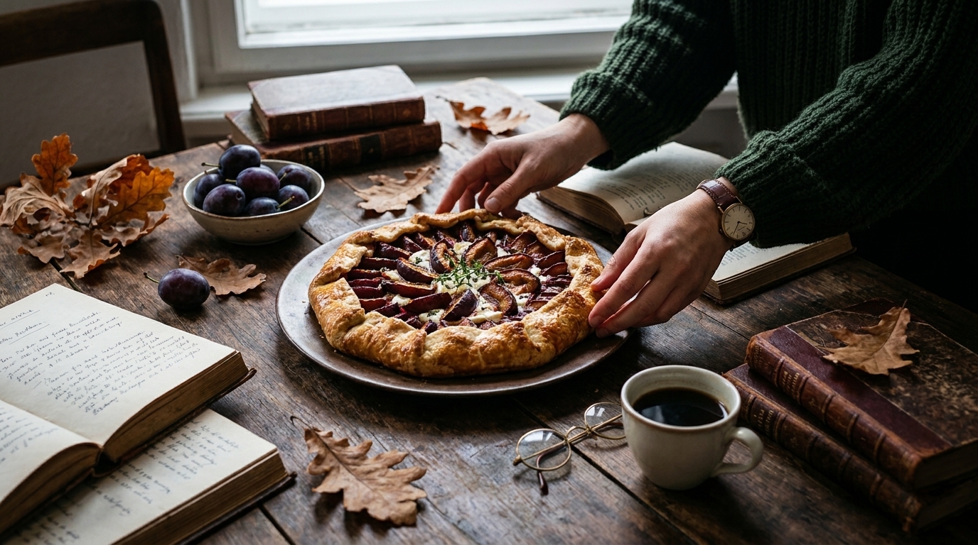 Person legt eine frisch gebackene Pflaumen-Galette auf einen rustikalen Holztisch, umgeben von einer Tasse Kaffee, Schale mit Pflaumen, geöffneten Büchern und Herbstblättern.